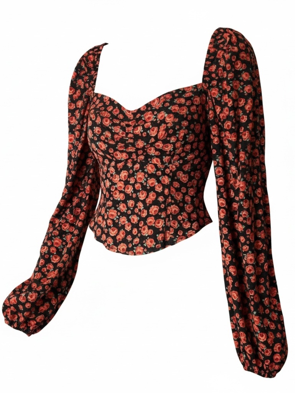 miami Crop Top Women XS Black Red Like New Floral Rose Long Sleeve Gathered